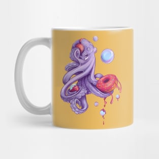 Octopus with donut and jam and red headphones with music. Bright artwork Mug